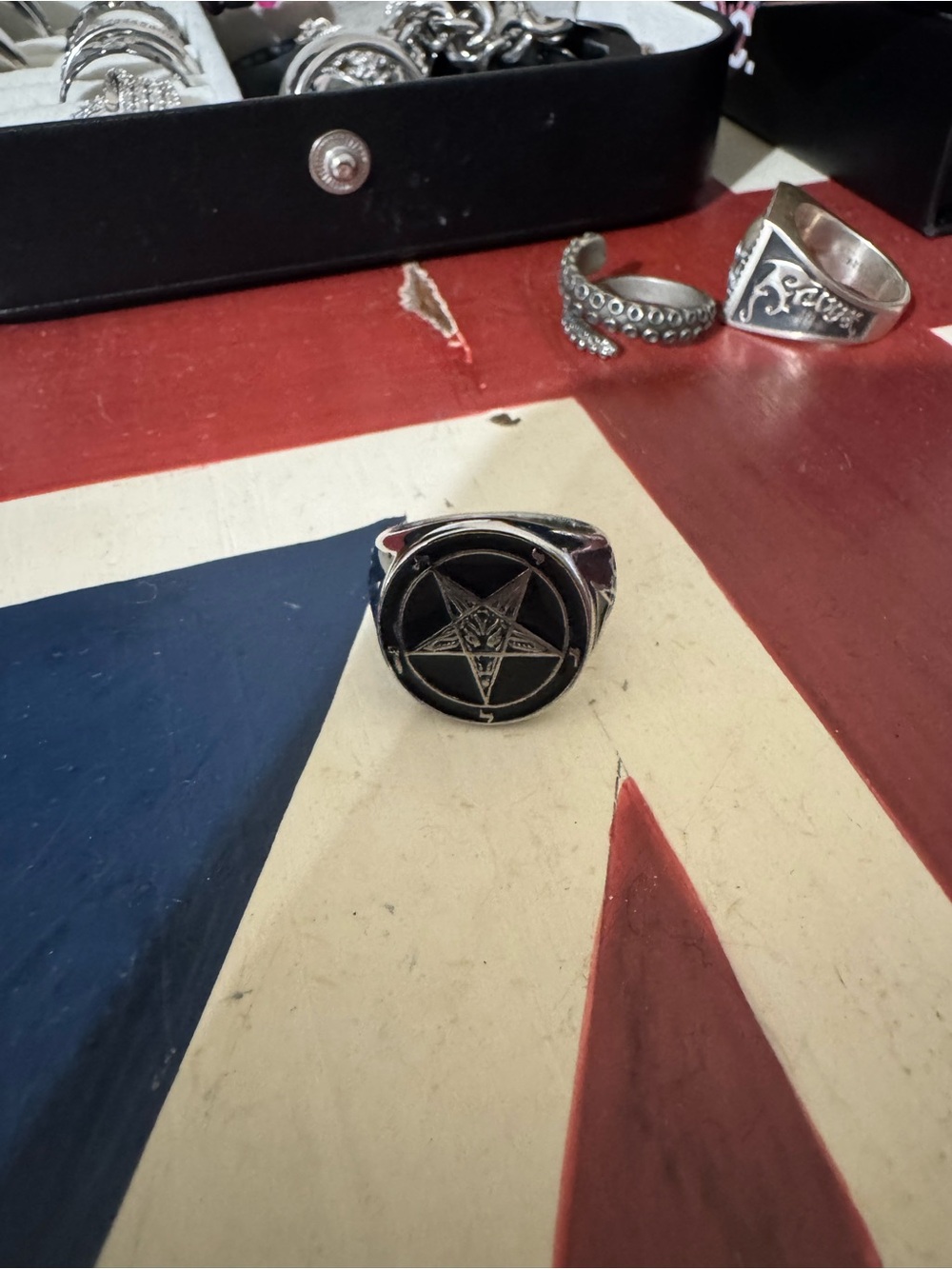 Black and Silver Pentagram Signet Ring - Size 11